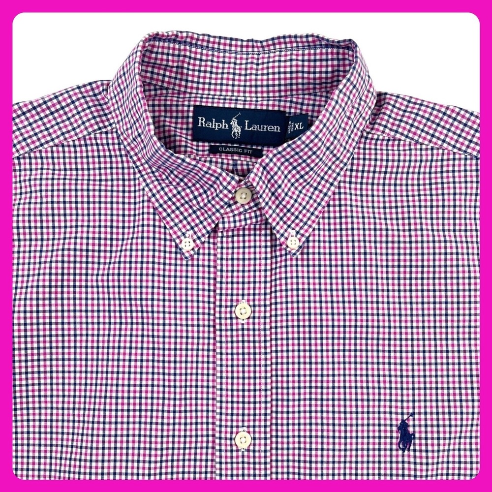 Ralph Lauren Button Down Mens XL Pink Blue Gingham 100% Cotton Classic Fit Shirt